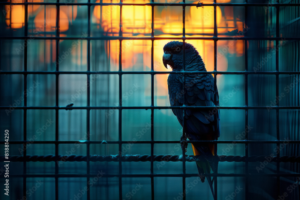 Fototapete Dynamic image of a parrot with a broken form, gaps in its silhouette symbolizing the impact of captivity on its vibrant life,