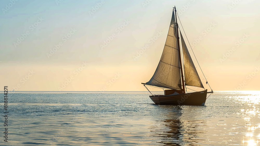 Sticker Sailboat glides across calm ocean at sunset