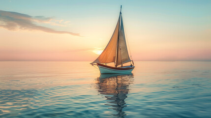 Fototapeta premium Sailboat glides across calm ocean at sunset