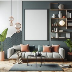 A living Room with a mockup poster empty white and with a couch and a coffee table art card design lively art.