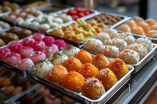 A beautifully decorated tray of Diwali sweets, including ladoos, barfis, and jalebis