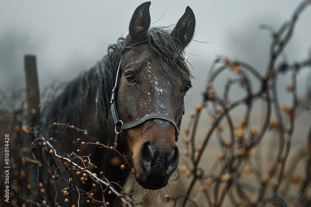 Poster artistic portrayal of a horse entangled in abstract, sharp lines, emphasizing its restricted movemen