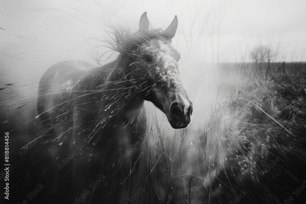 Poster artistic portrayal of a horse entangled in abstract, sharp lines, emphasizing its restricted movemen
