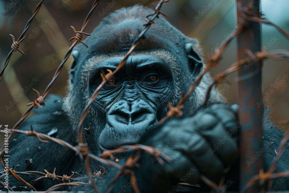 Poster Scene of a gorilla with barbed wire wrapped around its limbs, emphasizing the physical limitations imposed on it,
