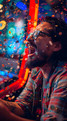 Young man celebrating that he has won at a casino machine with coins cascading over him, casino concept, gambling, slots concept