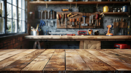 wooden table in the foreground; blurred background with carpenter's tools