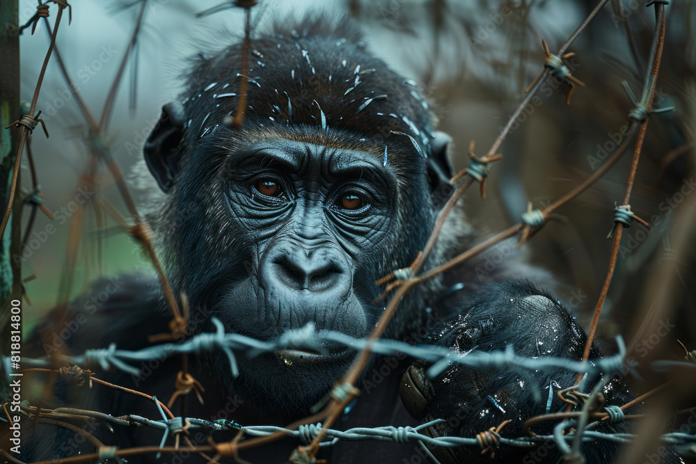 Poster scene of a gorilla with barbed wire wrapped around its limbs, emphasizing the physical limitations i
