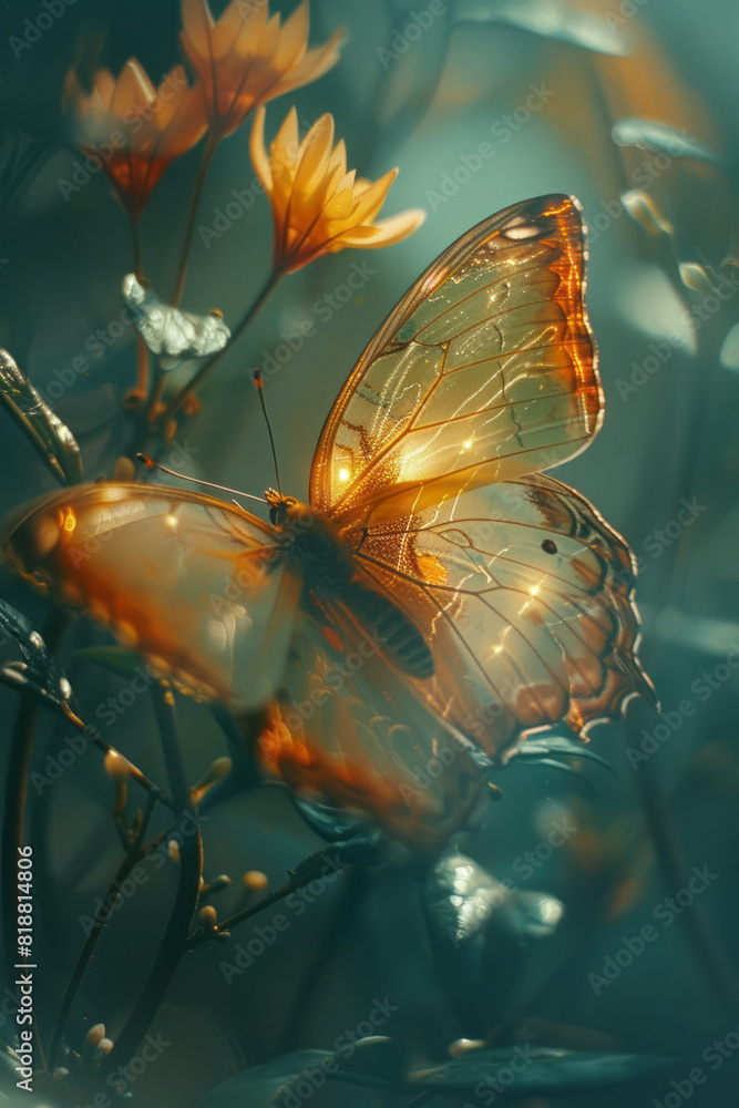 Fototapete Abstract image of a butterfly with sharp lines slicing through its wings, preventing it from fluttering freely,