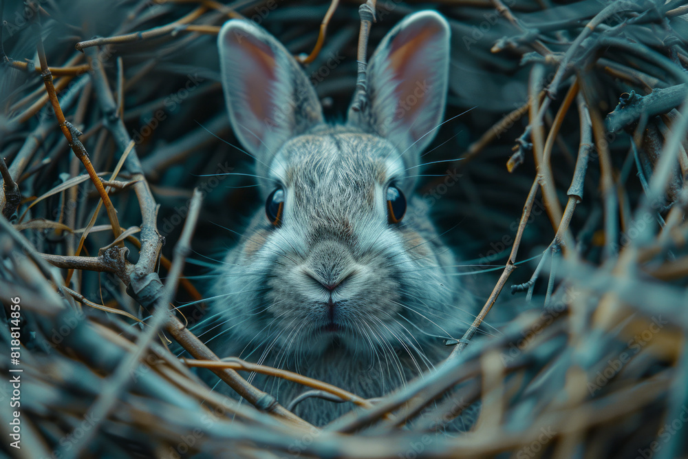 Poster Artistic portrayal of a rabbit entangled in sharp, abstract lines, symbolizing the confinement of small animals,