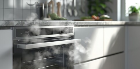 a kitchen with steam coming out of the oven