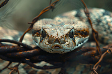 Illustration of a snake with barbed wire coiling around its body, restricting its natural movement,