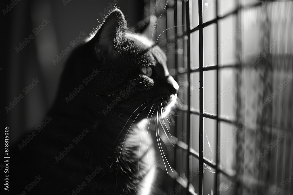 Fototapete Dynamic image of a cat with sharp barriers slicing through its silhouette, emphasizing its physical confinement,