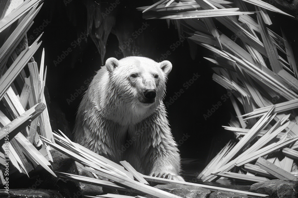 Poster Artistic depiction of a polar bear with sharp, abstract barriers weaving through its form, symbolizing its enclosure,