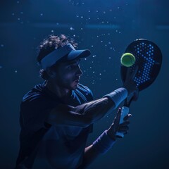 A male model wearing sportswear hits the ball with his tennis padel palas played on a cinematic blue and white padal court, close-up shot of an arm holding a tennis racket
