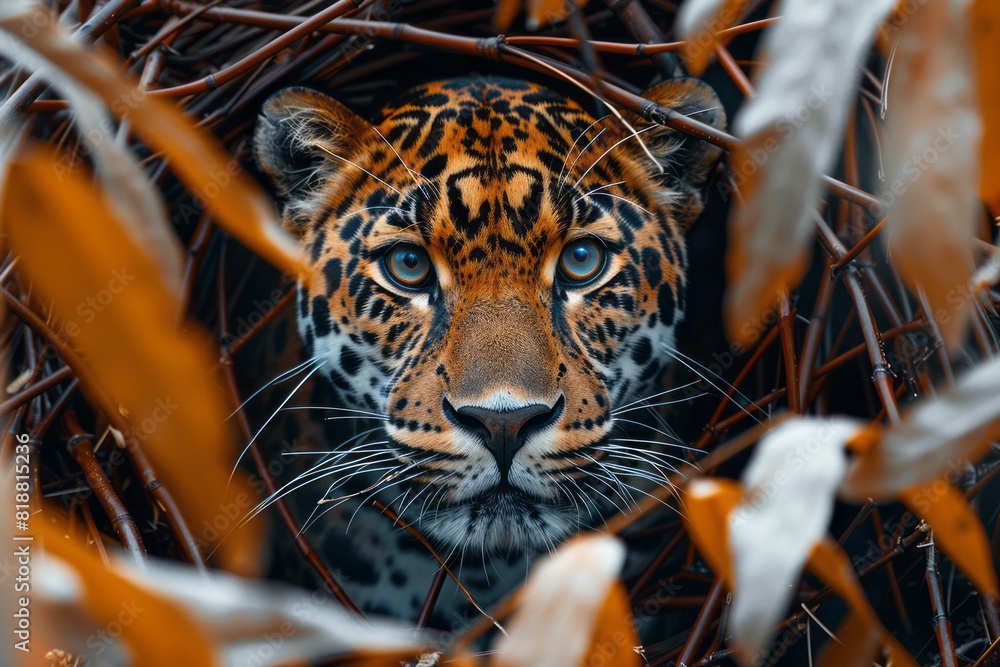 Poster artistic portrayal of a leopard entangled in sharp, abstract barriers, symbolizing its restricted mo