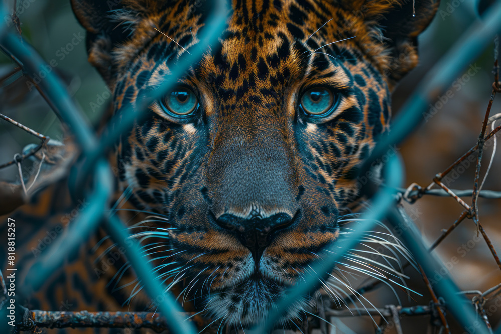 Poster artistic portrayal of a leopard entangled in sharp, abstract barriers, symbolizing its restricted mo