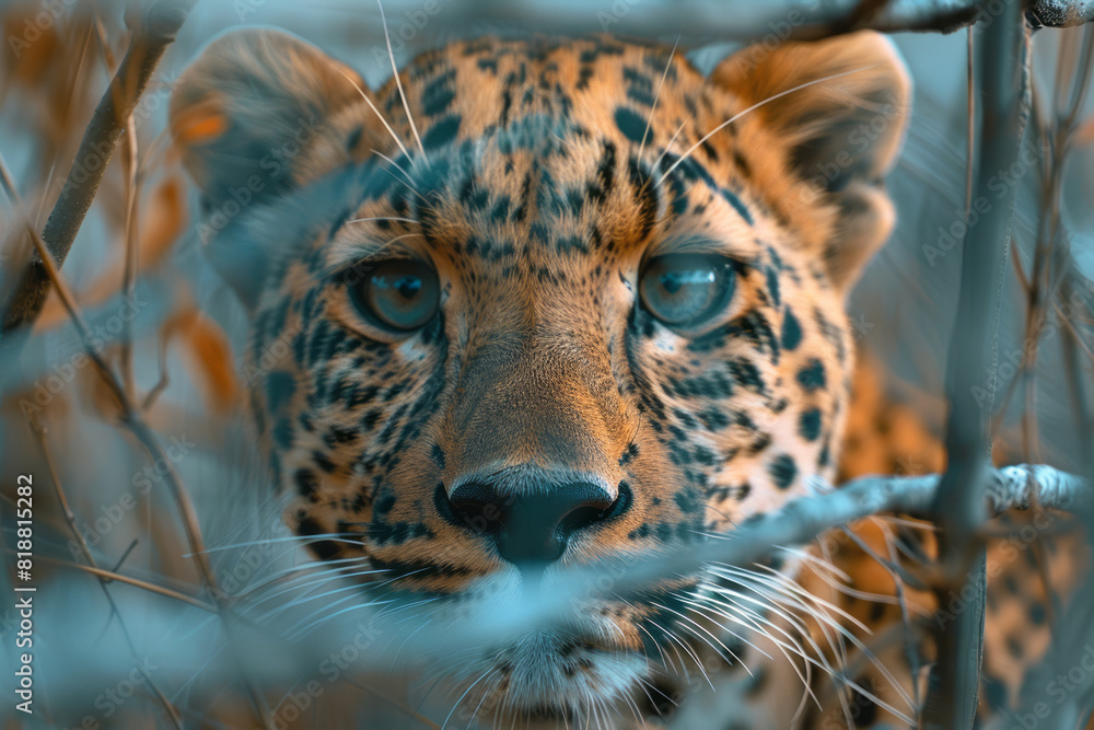 Poster artistic portrayal of a leopard entangled in sharp, abstract barriers, symbolizing its restricted mo