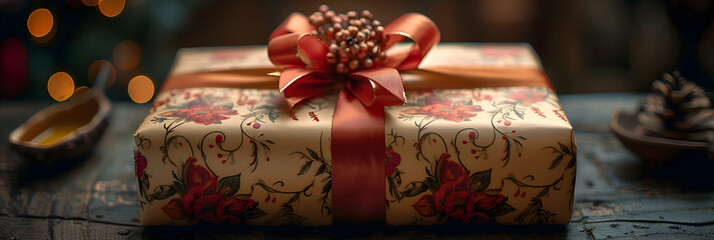 A beautifully wrapped Diwali gift box with traditional designs and ribbons