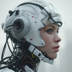  Close-up of the face and head of a female android, half robot, with plastic skin, white helmet, wires around her neck and black cables attached to them.