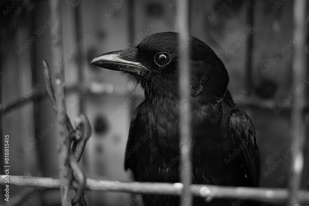 Leinwandbilder Dynamic image of a bird trapped in a distorted birdcage, the twisted wires creating a sense of entrapment,