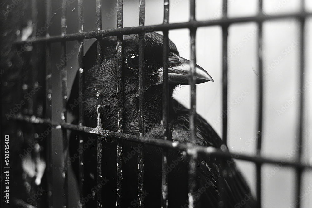Poster Dynamic image of a bird trapped in a distorted birdcage, the twisted wires creating a sense of entrapment,