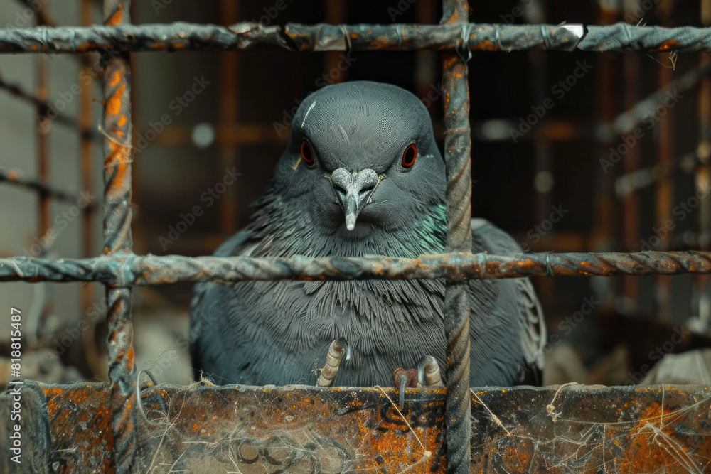 Leinwandbilder dynamic image of a bird trapped in a distorted birdcage, the twisted wires creating a sense of entra