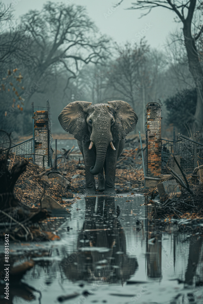 Aufkleber Illustration of an elephant in a fragmented zoo habitat, with distorted trees and broken barriers,