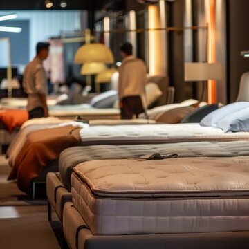 A professional sleeper testing beds in a luxury mattress showroom, with various bed setups softly blurred behind. 