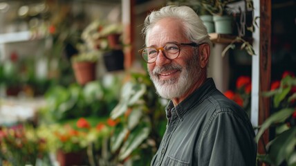 a smiling senior man in a flower shop - Powered by Adobe