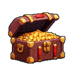 Open Pixel Art Treasure Chest Overflowing with Gold Coins - Retro 8-Bit - 2D pixel art games