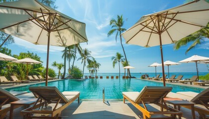 Luxurious beach resort with pool, lounge chairs, umbrellas, palm trees, and blue sky