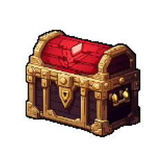 Pixel Art Red Treasure Chest Brimming with Gold - 8-Bit Style - 2D pixel art games