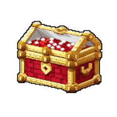 Pixel Art Red Treasure Chest Brimming with Gold - 8-Bit Style - 2D pixel art games