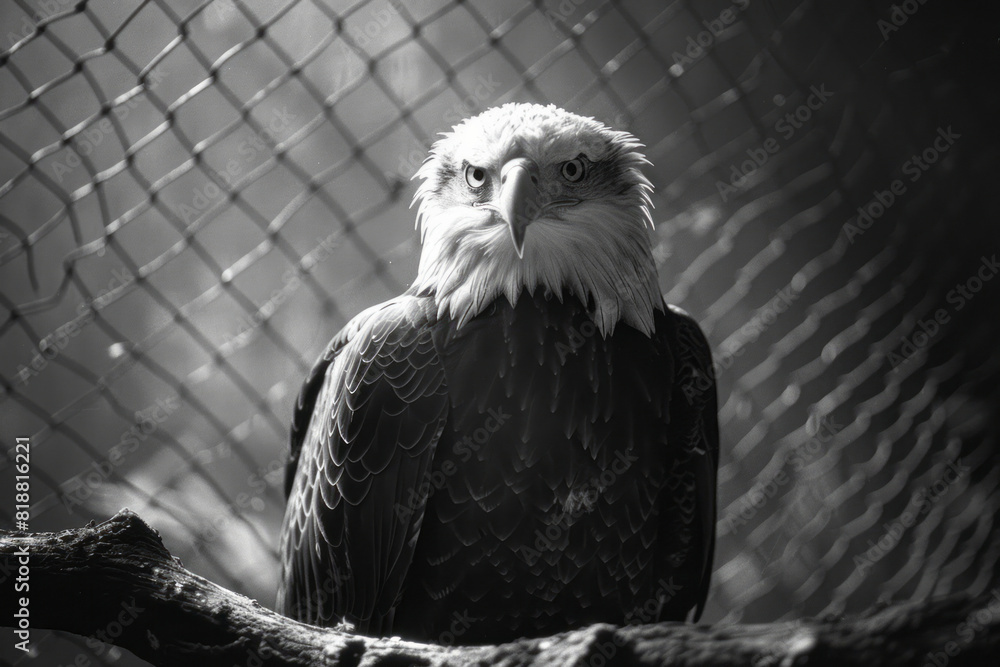 Poster scene of an eagle in a distorted aviary, the twisted wires and broken perches highlighting its limit