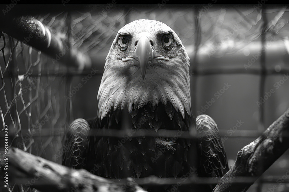 Poster scene of an eagle in a distorted aviary, the twisted wires and broken perches highlighting its limit