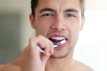 Dental care, portrait and man brushing teeth with mouth in bathroom for hygiene, cleaning or...
