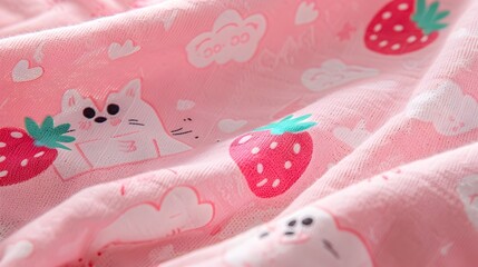 Cute pink cat and strawberry print pattern on baby t-shirt fabric with fresh house home design