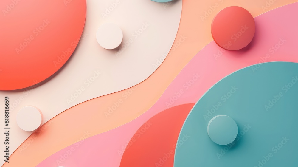 Poster an artistic image featuring multiple abstract circles and curved shapes in vibrant pastel colors, cr
