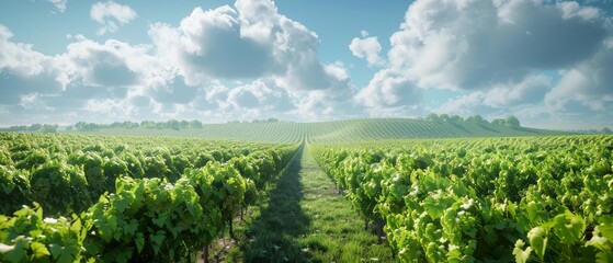 A field of green grapes with a cloudy sky in the background
