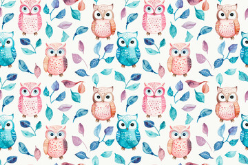 Cute owls and leaves in pastel colors on a white background creating a seamless pattern ideal for playful and charming decorative designs