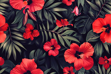 Bold red hibiscus flowers with dark green leaves on a black background forming a seamless pattern perfect for tropical and dramatic decorative designs