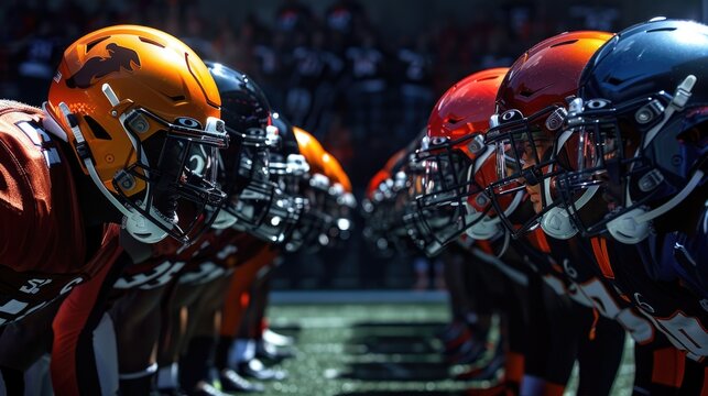 American Football Championship. Teams Ready. Professional Players, Aggressive Face-off, Ready for Pushing, Tackling