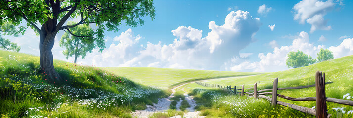 Idyllic Meadow with Wildflowers Under a Sunny Blue Sky, Scenic Panorama of Rolling Hills and Lush Greenery