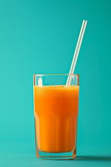 Fresh Carrot Juice in Glass with Straw on Turquoise Background