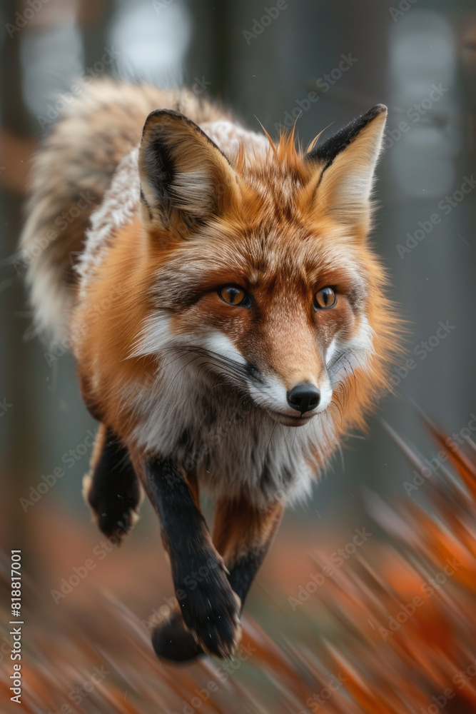 Poster dynamic image of a fox with rapid, erratic streams in shades of orange and red, symbolizing its rest
