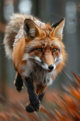Obraz premium Dynamic image of a fox with rapid, erratic streams in shades of orange and red, symbolizing its restless energy and stress,