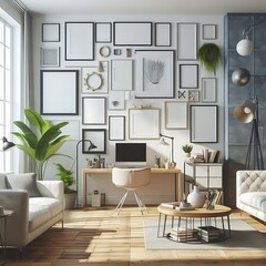 A living Room with a mockup poster empty white and with a desk and couches art used for printing art realistic.