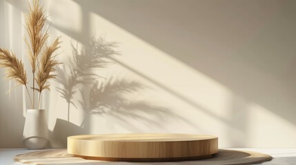 Fototapeta premium Minimalist Wooden Platform with Dried Pampas Grass Decor in Sunlit Room