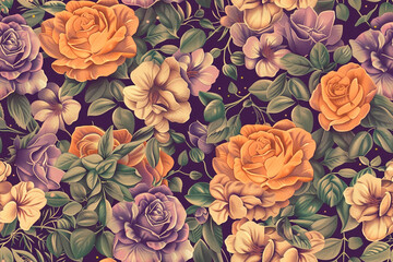 Vintage floral pattern with orange and purple roses, green leaves on a dark background, creating a seamless, elegant design perfect for romantic, timeless decorations and classic textiles