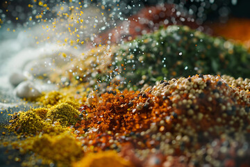A variety of colorful seasonings displayed, showcasing diverse spices and herbs for culinary use